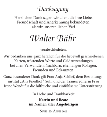 Traueranzeige von Walter Bähr von Südthüringer Presse