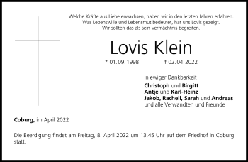 Traueranzeige von Lovis Klein von Neue Presse Coburg