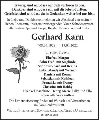 Traueranzeige von Gerhard Karn von Südthüringer Presse