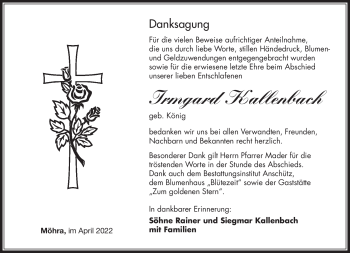 Traueranzeige von Irmgard Kallenbach von Südthüringer Presse