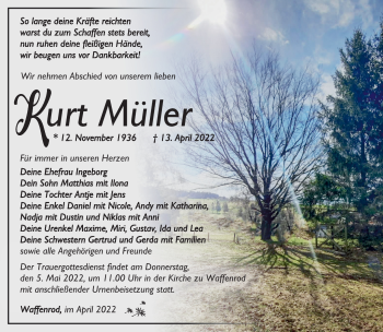 Traueranzeige von Kurt Müller von Südthüringer Presse