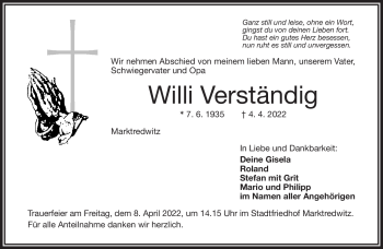 Traueranzeige von Verständig Willi von Frankenpost