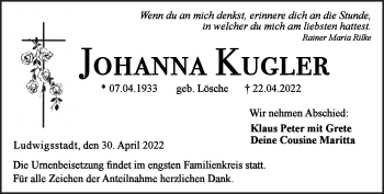 Traueranzeige von Johanna Kugler von Neue Presse Coburg