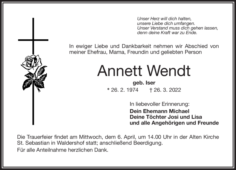  Traueranzeige für Annett Wendt vom 02.04.2022 aus Frankenpost