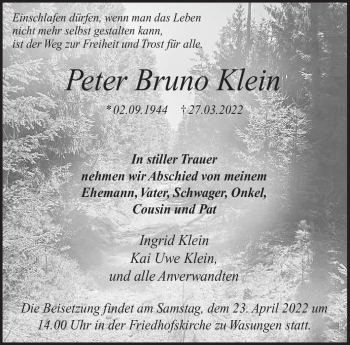 Traueranzeige von Peter Bruno Klein von Südthüringer Presse