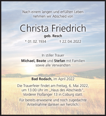 Traueranzeige von Christa Friedrich von Neue Presse Coburg