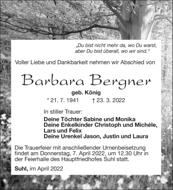 Traueranzeige von Barbara Bergner von Südthüringer Presse