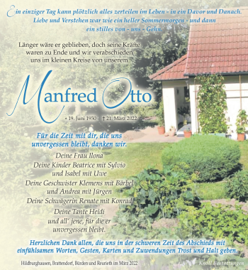 Traueranzeige von Manfred Otto von Südthüringer Presse