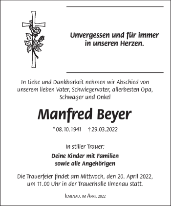 Traueranzeige von Manfred Beyer von Südthüringer Presse