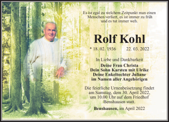 Traueranzeige von Rolf Kohl von Südthüringer Presse