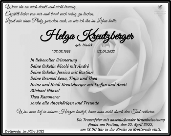 Traueranzeige von Helga Kreutzberger von Südthüringer Presse