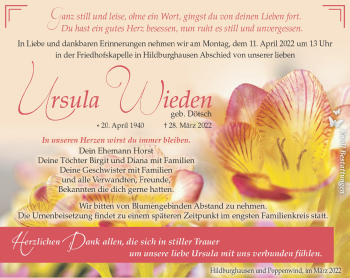 Traueranzeige von Ursula Wieden von Südthüringer Presse