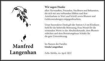 Traueranzeige von Manfred Langbein von Südthüringer Presse