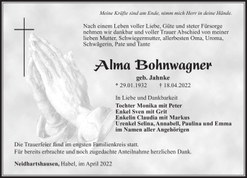 Traueranzeige von Alma Bohnwagner von Südthüringer Presse
