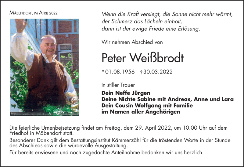  Traueranzeige für Peter Weißbrodt vom 16.04.2022 aus Südthüringer Presse