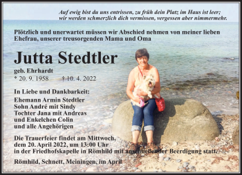 Traueranzeige von Jutta Stedtler von Südthüringer Presse