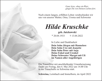 Traueranzeige von Hilde Kruschke von Südthüringer Presse