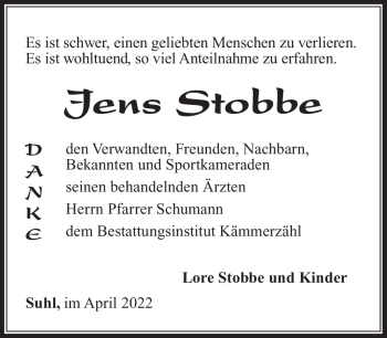 Traueranzeige von Jens Stobbe von Südthüringer Presse