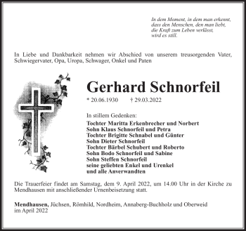 Traueranzeige von Gerhard Schnorfeil von Südthüringer Presse