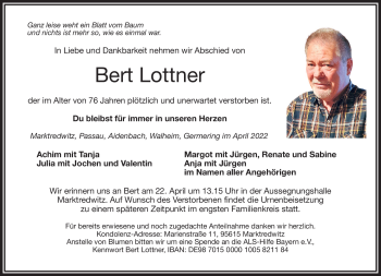 Traueranzeige von Bert Lottner von Frankenpost