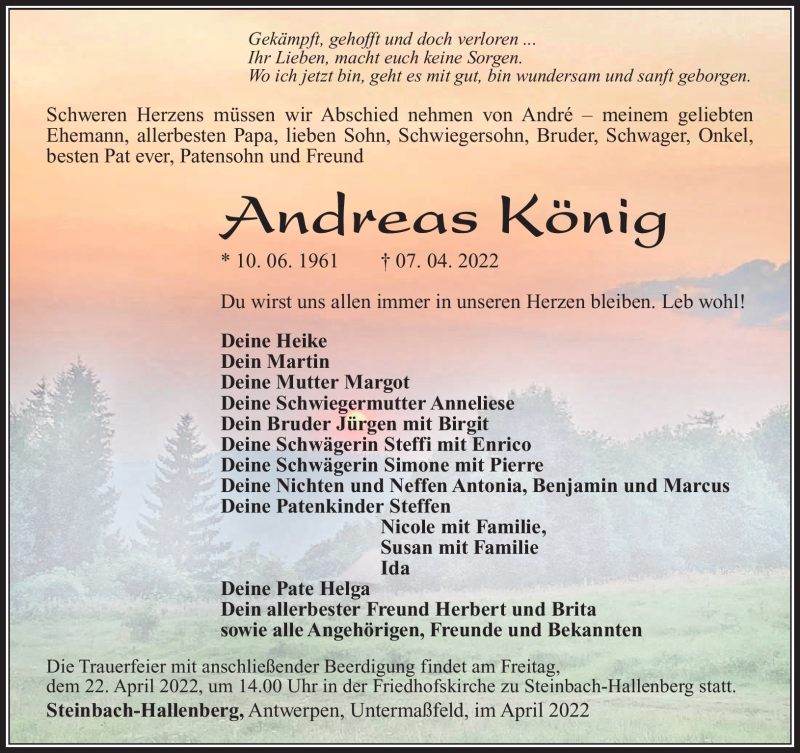  Traueranzeige für Andreas König vom 16.04.2022 aus Südthüringer Presse