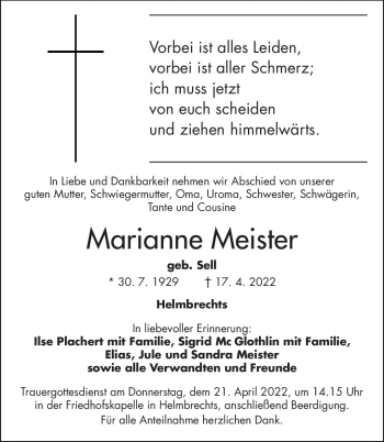 Traueranzeige von Marianne Meister von Frankenpost