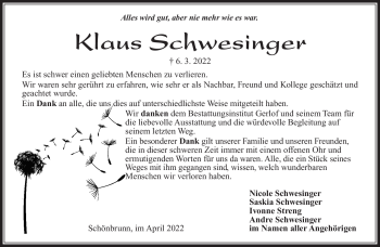Traueranzeige von Klaus Schwesinger von Südthüringer Presse