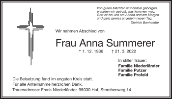 Traueranzeige von Anna Summerer von Frankenpost