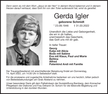 Traueranzeige von Gerda Igler von Neue Presse Coburg