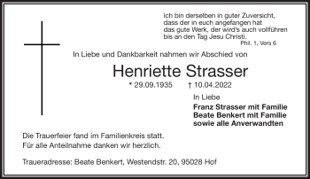 Traueranzeige von Henriette Strasser von Frankenpost