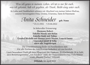 Traueranzeige von Anita Schneider von Südthüringer Presse