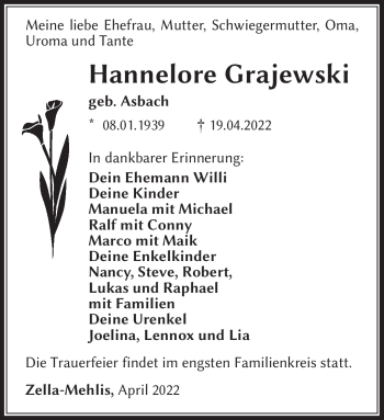 Traueranzeige von Hannelore Grajewski von Südthüringer Presse