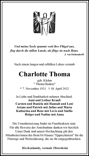 Traueranzeige von Charlotte Thoma von Frankenpost