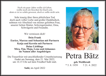 Traueranzeige von Petra Bätz von Südthüringer Presse
