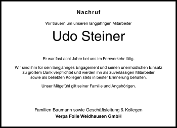 Traueranzeige von Udo Steiner von Neue Presse Coburg