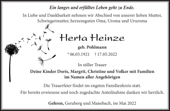 Traueranzeige von Herta Heinze von Südthüringer Presse