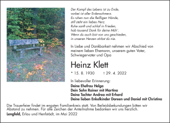 Traueranzeige von Heinz Klett von Südthüringer Presse