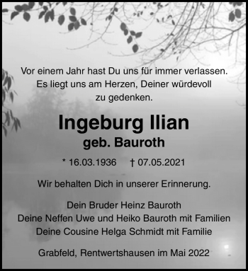 Traueranzeige von Ingeburg Ilian von Südthüringer Presse
