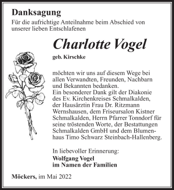 Traueranzeige von Charlotte Vogel von Südthüringer Presse