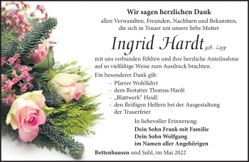 Traueranzeige von Ingrid Hardt von Südthüringer Presse