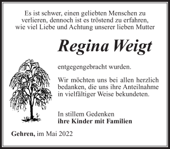 Traueranzeige von Regina Weigt von Südthüringer Presse