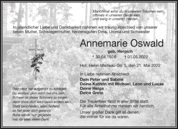 Traueranzeige von Annemarie Oswald von Frankenpost