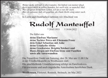 Traueranzeige von Rudolf Manteuffel von Südthüringer Presse