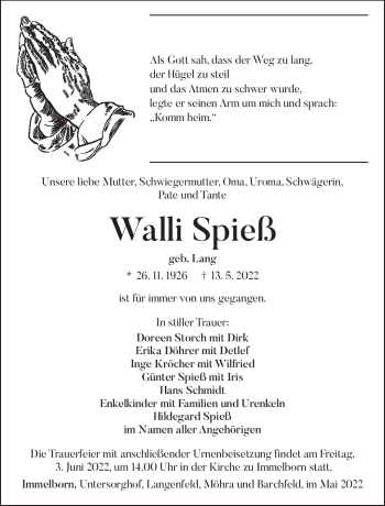 Traueranzeige von Walli Spieß von Südthüringer Presse