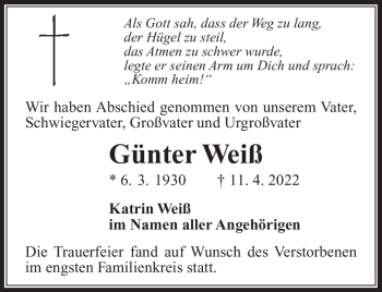 Traueranzeige von Günter Weiß von Südthüringer Presse
