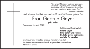 Traueranzeige von Gertrud Geyer von Frankenpost