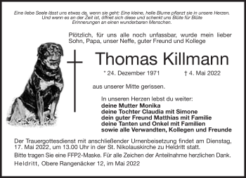 Traueranzeige von Thomas Killmann von Südthüringer Presse