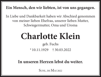Traueranzeige von Charlotte Klein von Südthüringer Presse