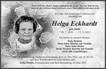 Traueranzeige von Helga Eckhardt von Südthüringer Presse