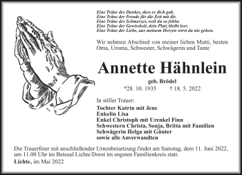 Traueranzeige von Annette Hähnlein von Südthüringer Presse